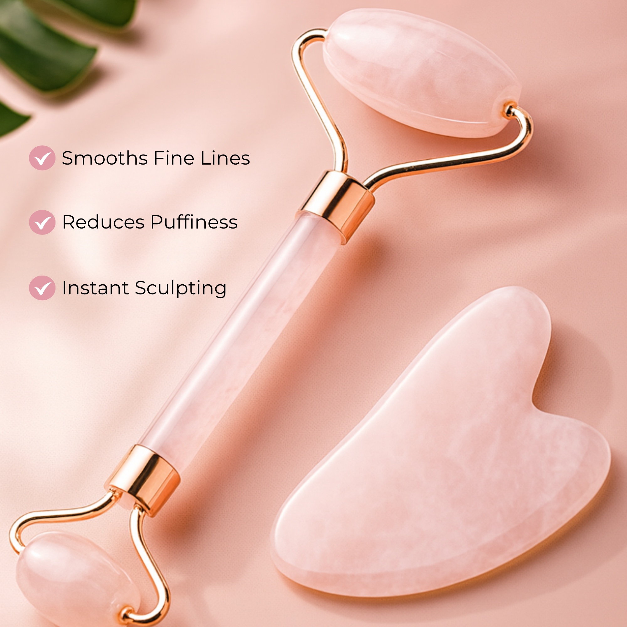 Face Roller & Gua Sha Stone– Pink Crystal